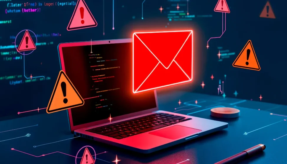 Mulher trabalhando em laptop com gráficos de e-mail e ícone de caixa de entrada, simbolizando automação de cold mail e entregabilidade.